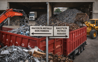 Immagine rappresentativa dell’acquisto di rottami metallici: diverse tipologie di materiali ferrosi e non ferrosi affiancate al deposito industriale con camion per il trasporto e la movimentazione dei rottami.