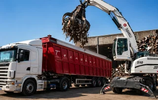 Operazione di carico rottami metallici con escavatore dotato di ragno su autotreno, servizio rapido di recupero e trasporto materiali ferrosi e non ferrosi.