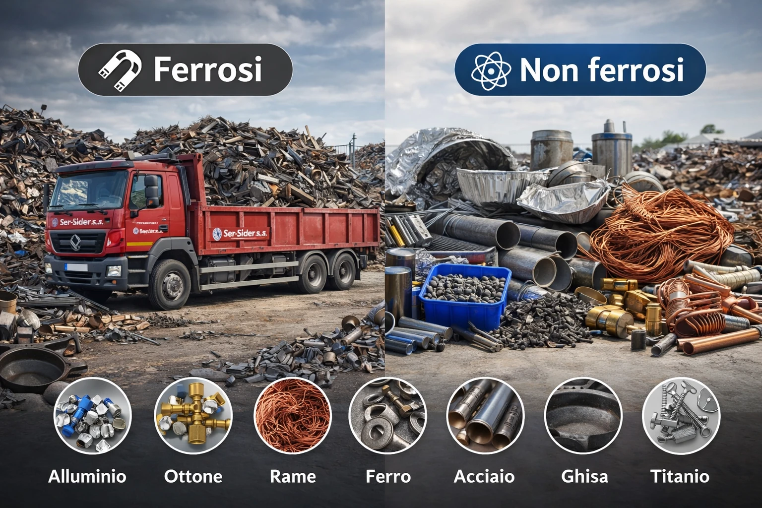Classificazione dei rottami metallici ferrosi e non ferrosi con camion per il recupero