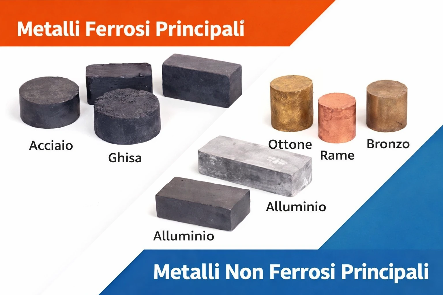 Metalli ferrosi e metalli non ferrosi principali: acciaio e ghisa da un lato, alluminio, rame, ottone e bronzo dall’altro
