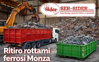 Immagine rappresentativa del servizio di ritiro rottami ferrosi a Monza: raccolta dei materiali metallici tramite contenitore dedicato, movimentazione con mezzi industriali e conferimento in area autorizzata.