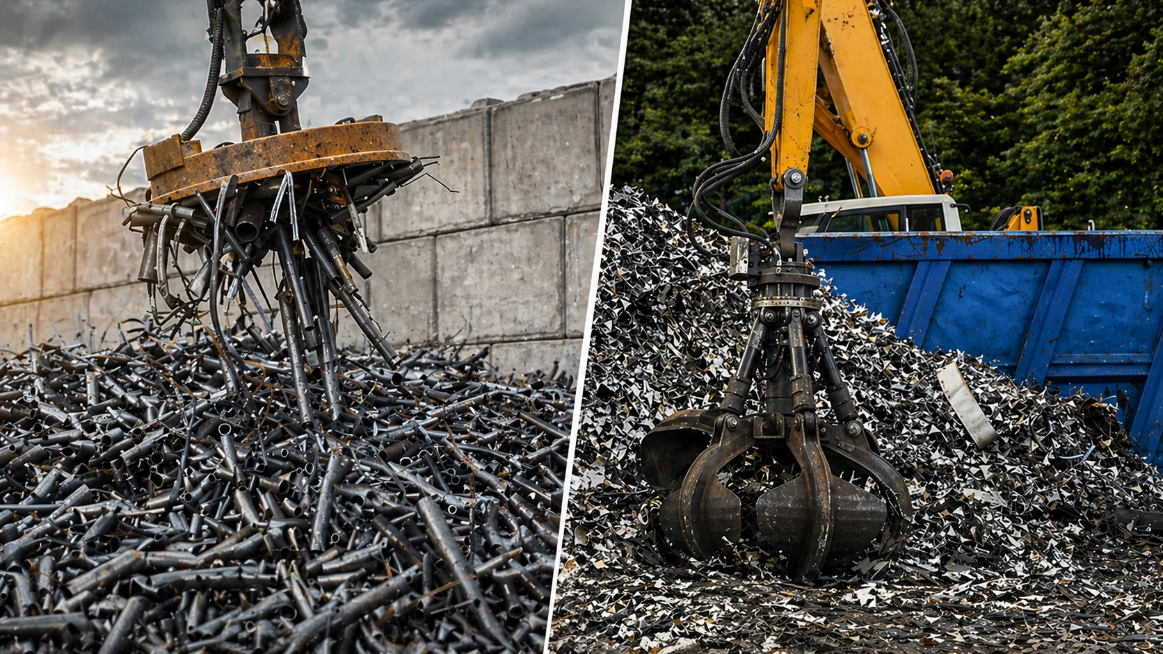 Cernita e selezione materiali ferrosi | Recupero rottami industriali Cernita e selezione materiali ferrosi con magnete e ragno in impianto di recupero rottami metallici