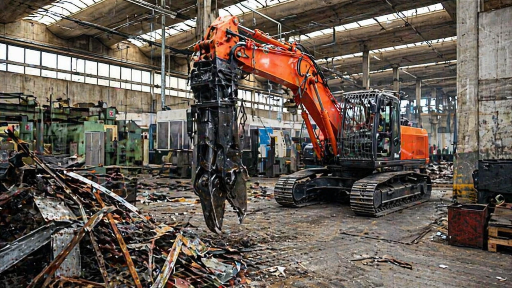 Escavatore con cesoia idraulica per demolizioni industriali e recupero rottami metallici