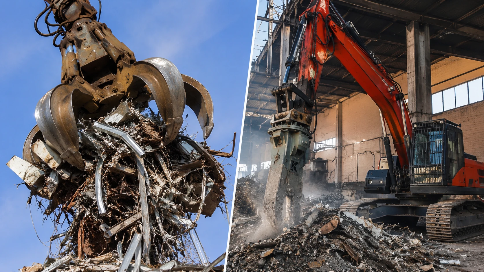 Demolizione Industriale Ferro e Acciaio con Granchio e Escavatore Demolizione industriale di strutture in ferro e acciaio con granchio idraulico ed escavatore demolitore presso impianto di recupero metalli
