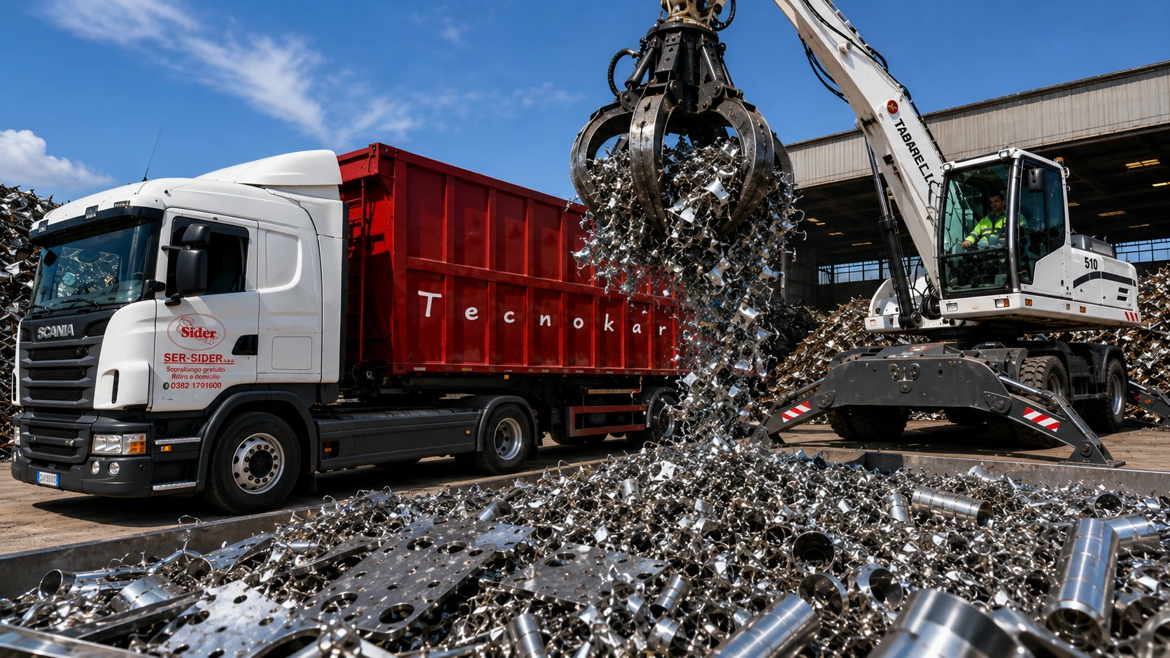 Recupero Acciaio Inox Industriale con Ragno e Camion Scarrabile Ser-Sider Caricatore industriale con polipo durante il recupero di acciaio inox e torniture metalliche presso impianto Ser-Sider con camion scarrabile Tecnokar.